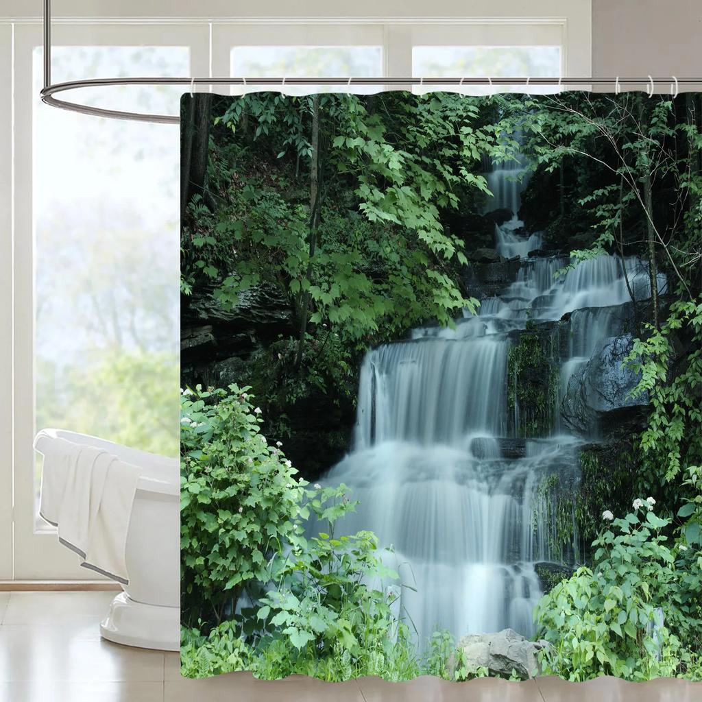 Mountain Forest Streams Natural Landscape Shower Curtain Set Waterfall Scenery View Plant Orchid Printing Bathroom Decor Curtain