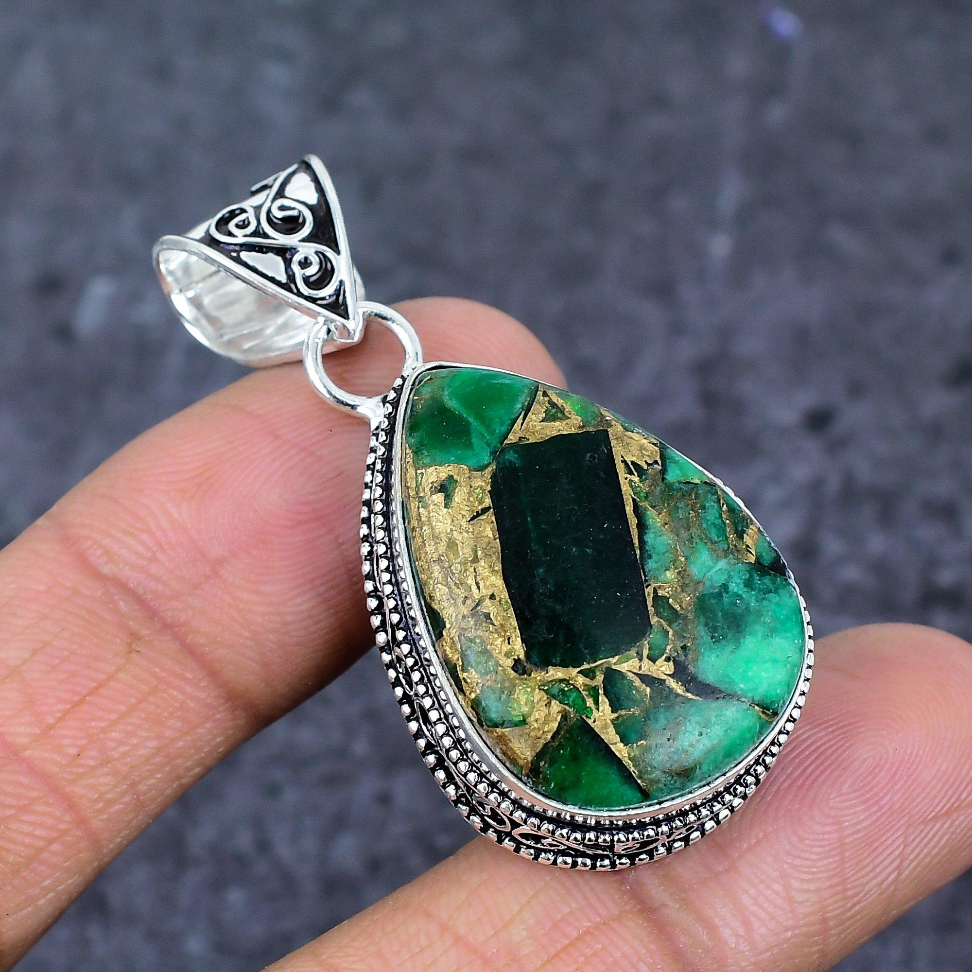 Copper Malachite Ethnic 925 Sterling Silver Jewelry Pendant 1.97  O7q69