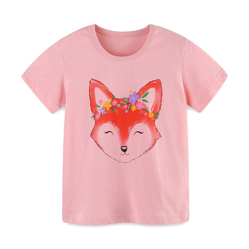 Girls Fox Print Knit Cotton T-shirt - Summer 2025 Toddler Round Neck Top 3Y
