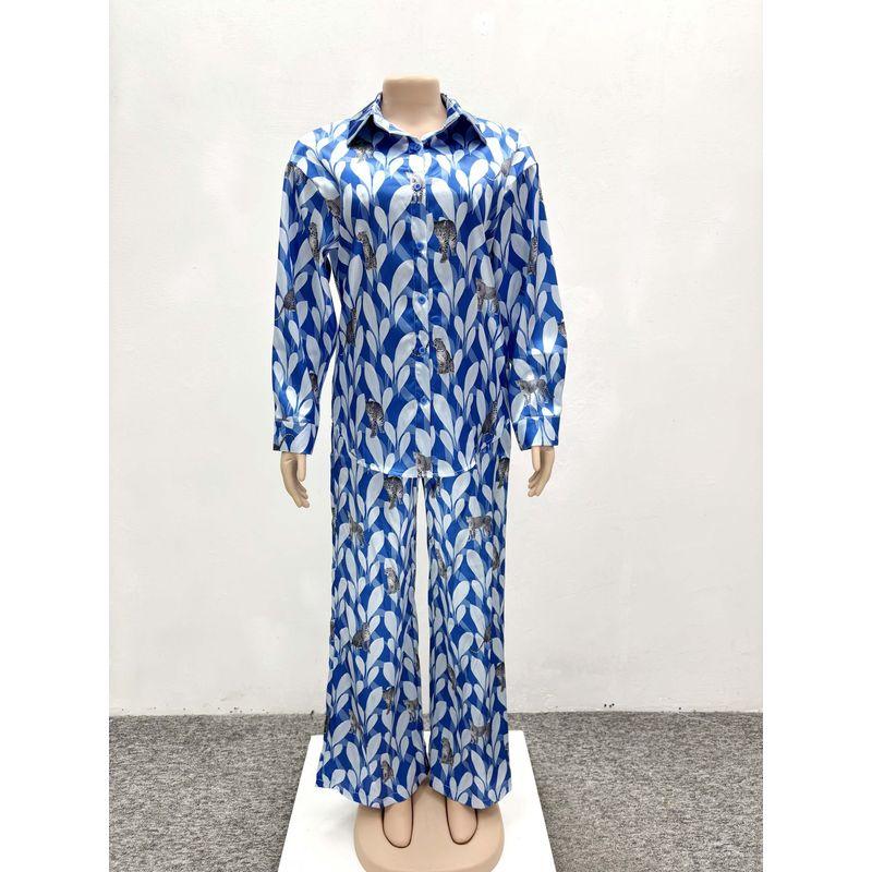 

European and American Fashion Casual Loose Print Shirts Trousers Set Printed Shirt and Pants Set Blue XXL