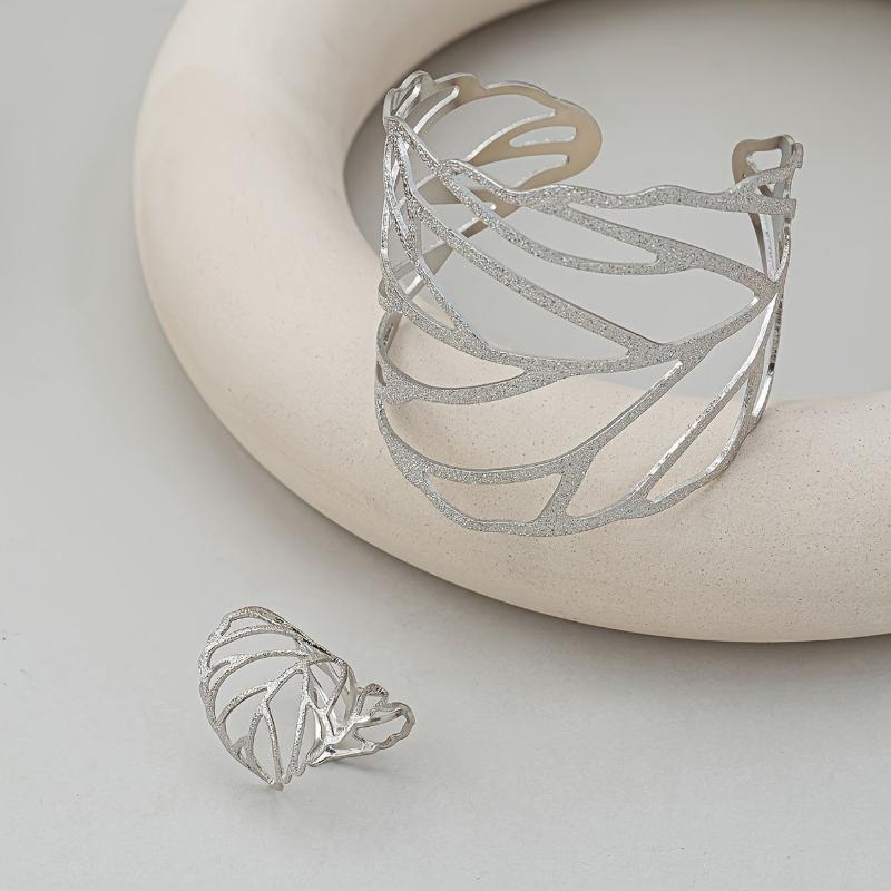 Hollow Leaves Open Bracelet Ring Personalized Niche Jewelry Set Women  Holiday Party Daily Wear Accessories Gift