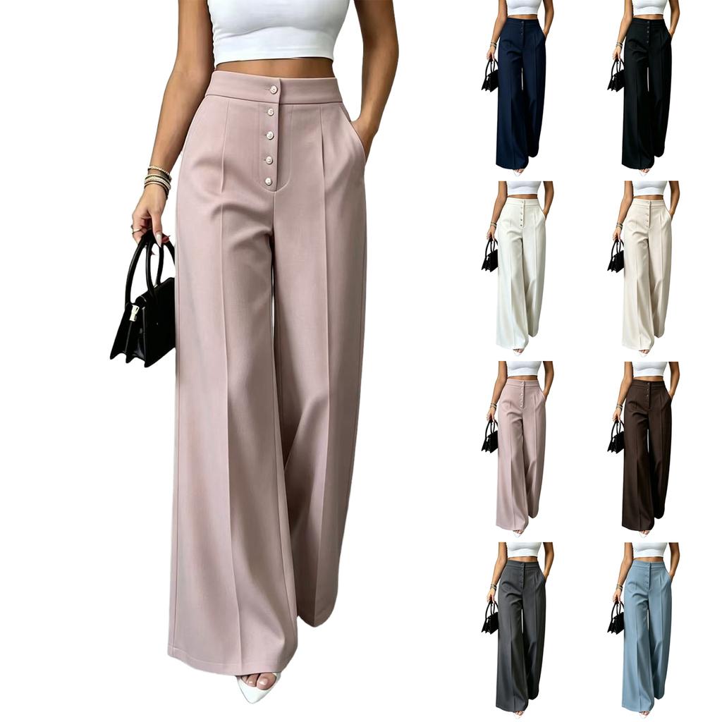 Women's High Wide Leg Pants with Button Pockets Color Casual Trousers for Commute