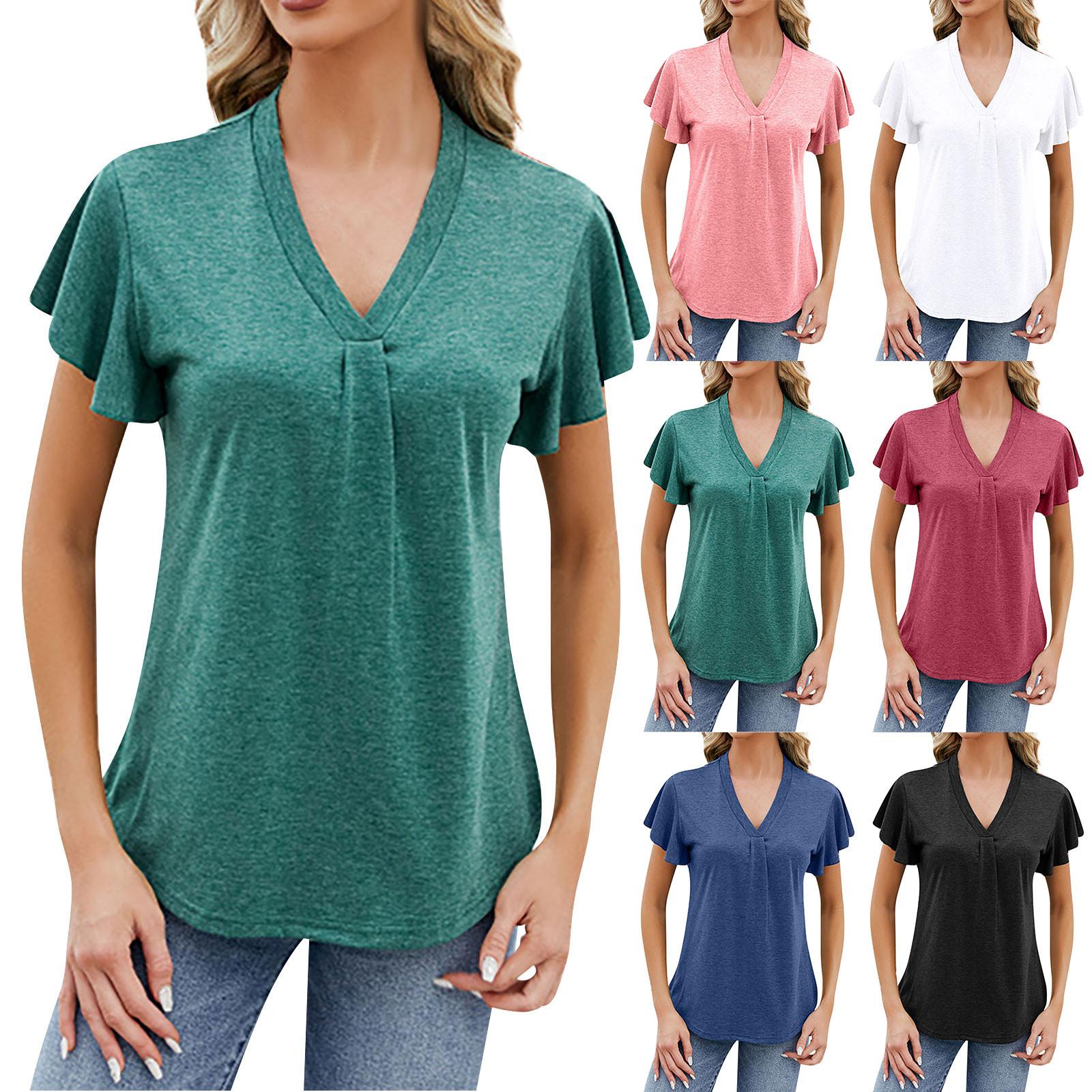 

Women s Casual Solid Color V-Neck Loose Short Sleeve T-Shirt Top