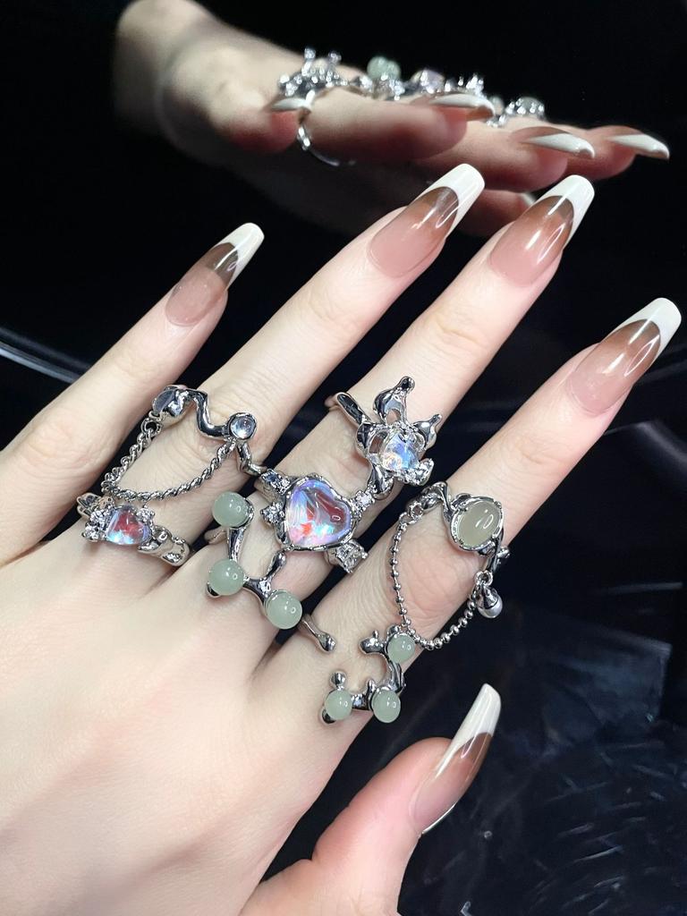 Niche Design Cold Wind Sweet Wind Jade High-End Combination Stacked Open Ring Female French Ring