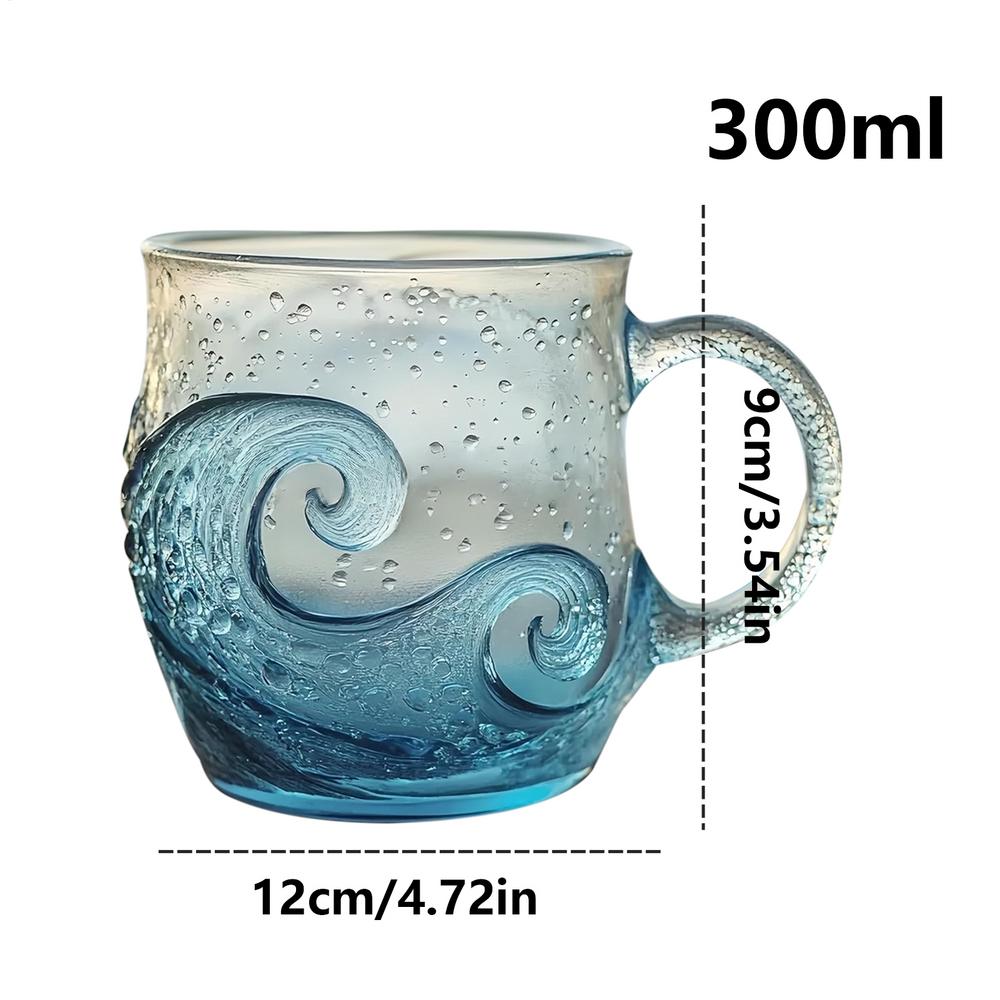 300ml Glass Mug Wave Design Water Bottle with Handle Clear Coffee Mug for Kids Beach House Office Women Men Adults Home