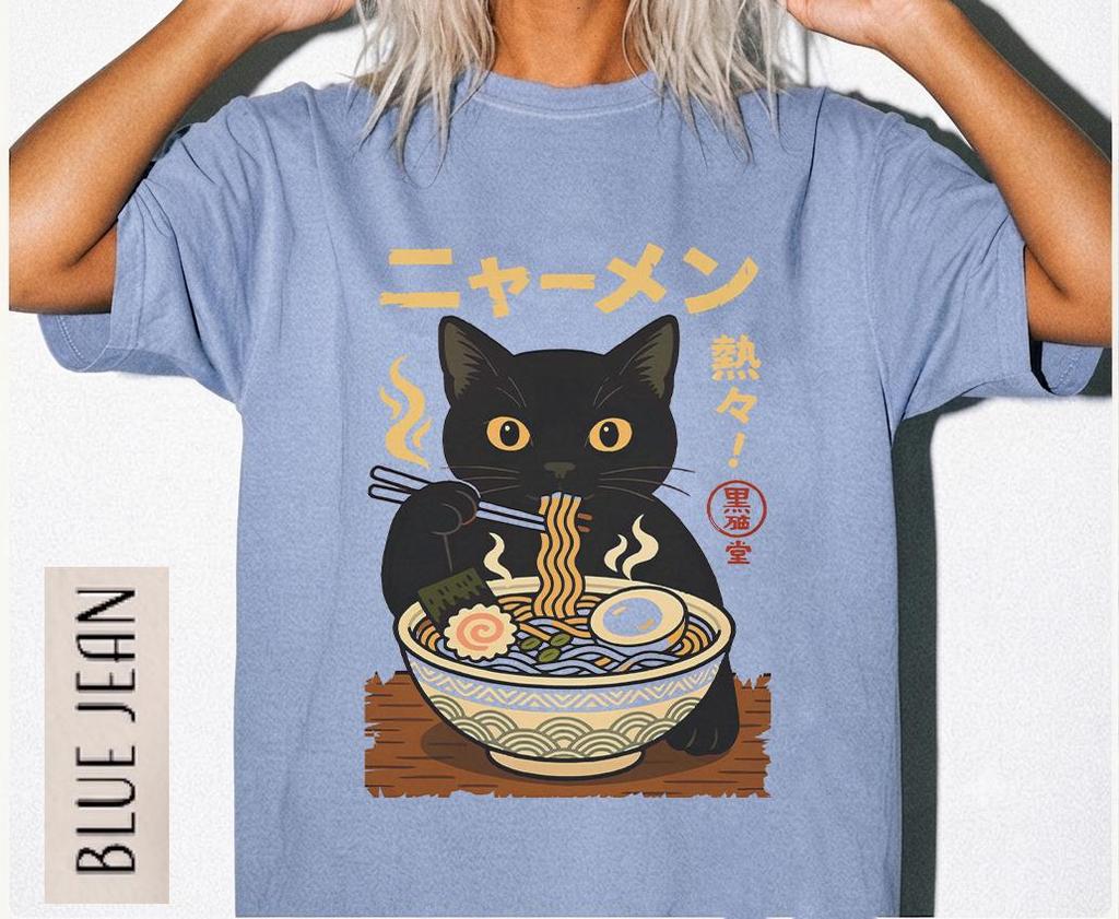 Cat Ramen T-Shirt, Japanese Food Graphic Tee, Funny Cat Lover Shirt, Anime Style Kitty Top, Kawaii Ramen Bowl Tee, Apparel