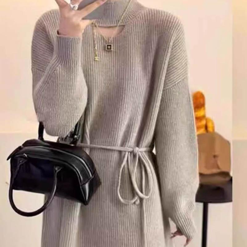 Sweater for Women Autumn Winter Thickened Tapered Waist Warm Knitted Stretchy Long Sleeve High-neck Oversize Tops