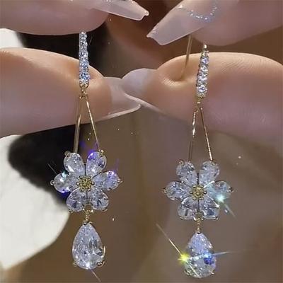 Charm Female White Zircon Stone Flower Water Drop Earrings Cute Trendy Bridal Gold Color Wedding  For Women