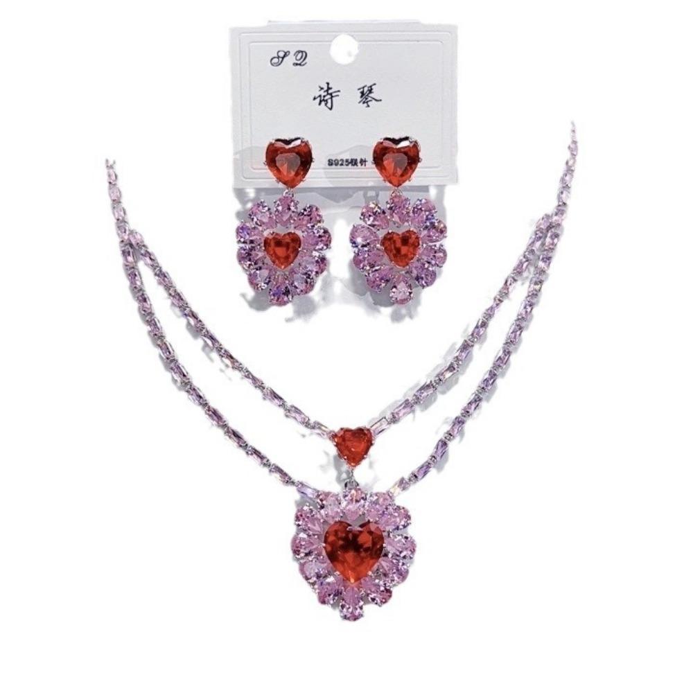 Luxury Heart Pendant Jewelry Set Earring Pink Red Necklace For Women Bridal Wedding Exquisite Fashion Zircon Party Banquet Gift
