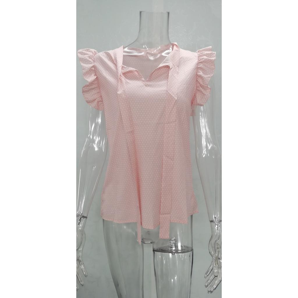 Women Summer Elegant Ruffles Sleeveless Polka Pot Lace Up Tie Bow Blouses and Shirts Casual Oversize Tops Sexy Pullover