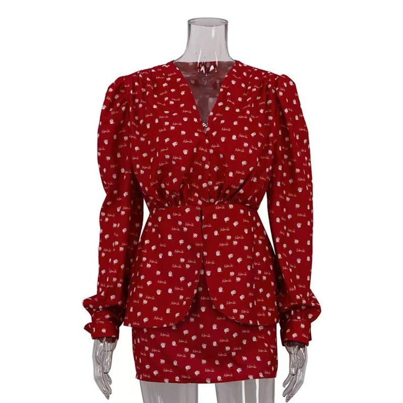 

Western Style New Fashion Print V-neck Pleat Dress Printed V-neck Pleated Dress Red S