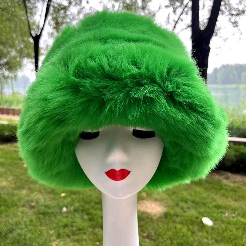 1PC Bucket Hat for Women Thick Plush Winter Faux Fur Fashion Fisherman Cap Furry Luxury