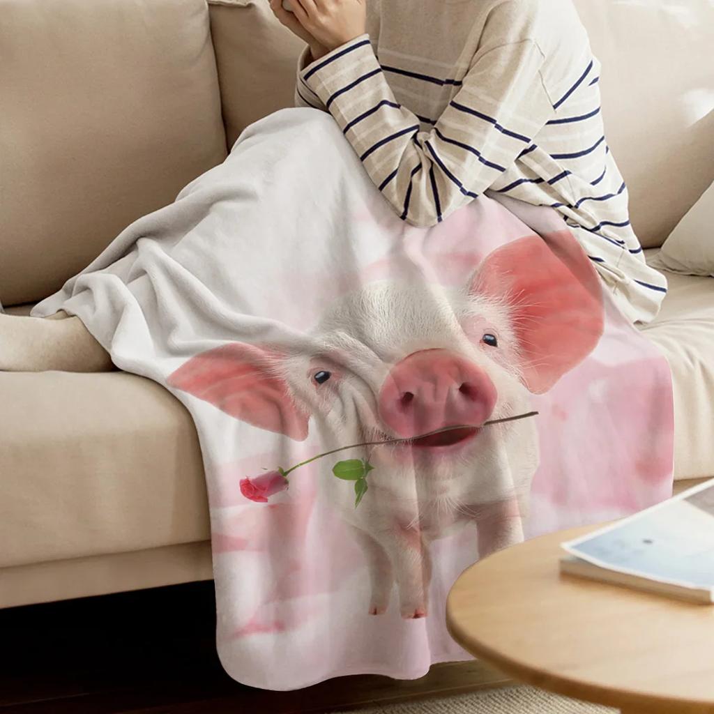 Pink Pig Flower Rose Flannel Blanket for Bed Sofa Portable Soft Fleece Throw Blankets Funny Plush Bedspread Queen King Twin Size