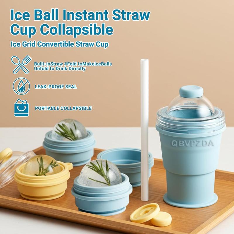 3 in 1 TPR Ice Cube Molds Cup BPA Free Portable Foldable Ice Ball Maker with Straw for Office Home Iced Beverages