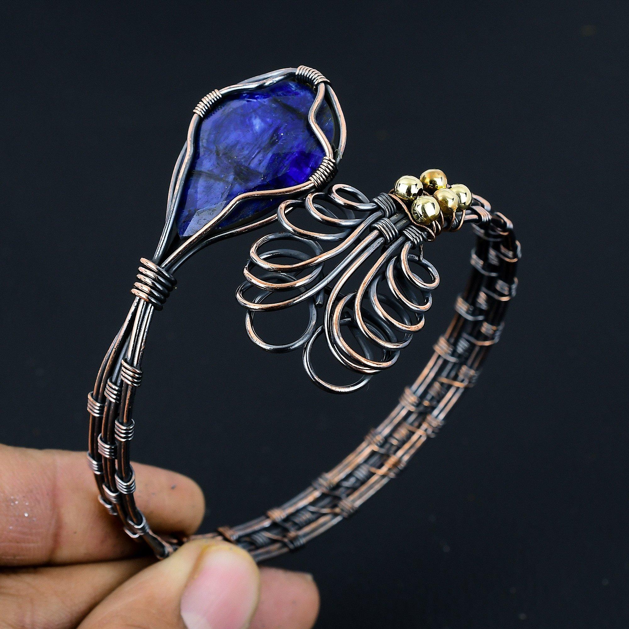 

Браслет с синим сапфиром, Браслет с драгоценным камнем ручной работы, Антикварные украшения, обернутые медной проволокой 999 пробы, Для подарка на помолвку