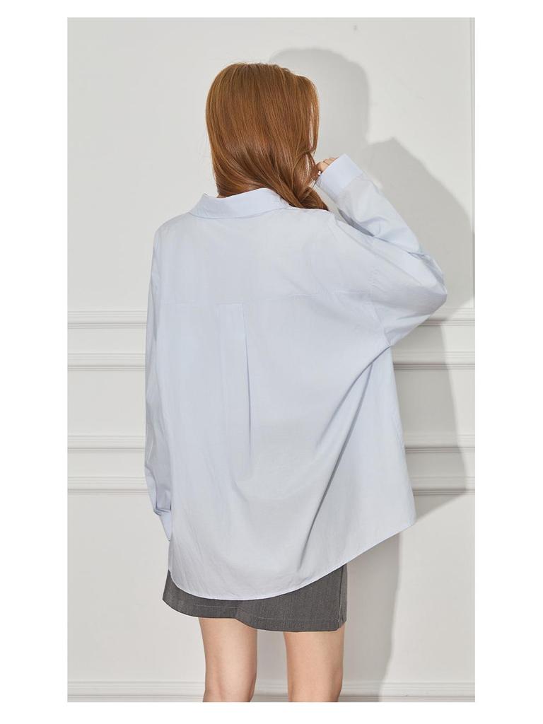 Women's Light Blue Korean Style Polo Collar Shirt Jacket - Spring Design, Loose Fit, Casual Long Sleeve Top