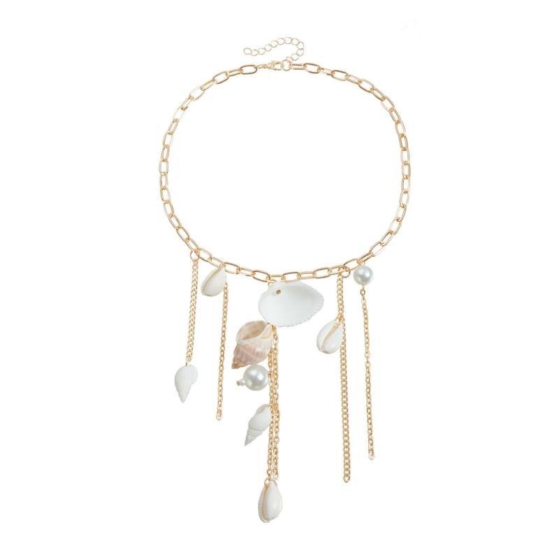 

Summer Beach Shell Fringed Detail Pendant Necklace Adjustable Chain Lightweight Coastal Style Jewelry Piece 1 золотой