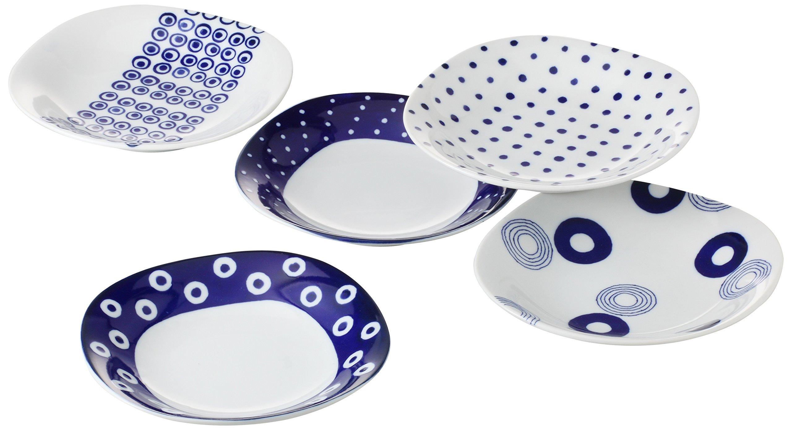 

Saikai Pottery 13306 Hasami Ware Паста Тарелка, Карри Тарелка, Прибл.. 8,3 дюйма (21 см), Легкий, круглый герб цвета индиго, 5 узоров, набор столовых приборов, Sci