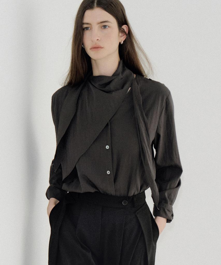 AWOKOMOSEU Double Layer Scarf Blouse (Charcoal) Orc 6114