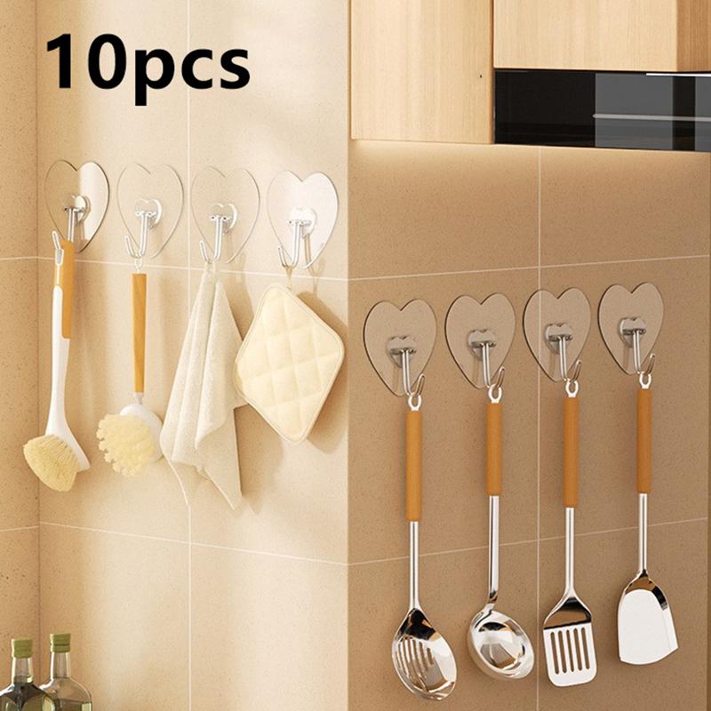 

Heart Shape Transparent Hooks Non Punching Plastic Love Hangers Holder Self Adhesive Key Towel Multi-Purpose Hooks Storage Rack 10 pcs
