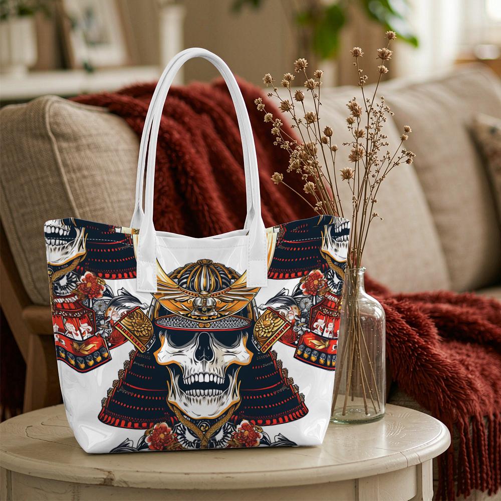 Japanese Samurai Skull Print Tote Bag Trendy Daily Casual Shoulder Bag for Outdoor Shopping