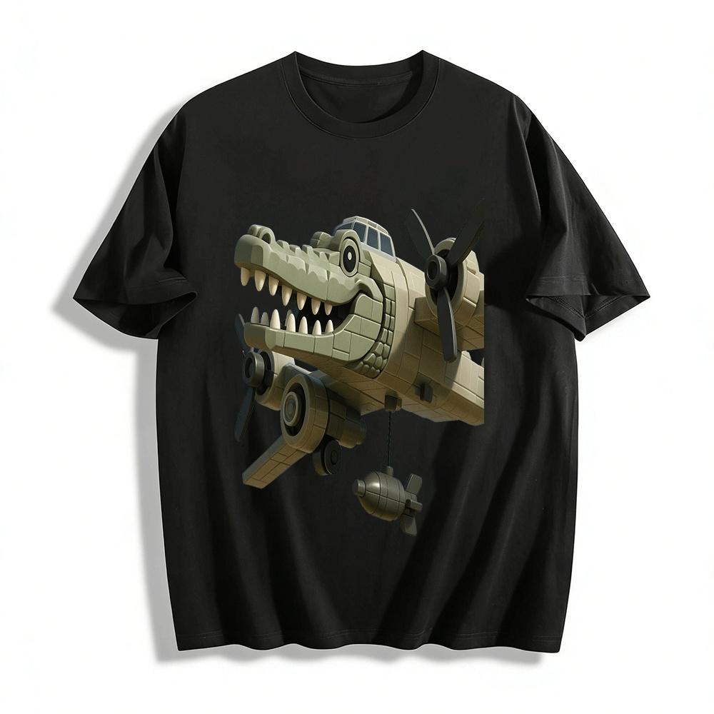 Fun Crocodile Bomber Plane Graphic Casual Top Pure cotton T-shirt XXS