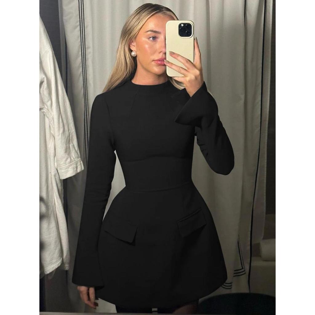 LYRIA Mini šaty bodycon na zip s dlouhým rukávem a kapsou, jednobarevný elegantní outfit, kancelářský streetwear, dámské podzimní zimní oblečení