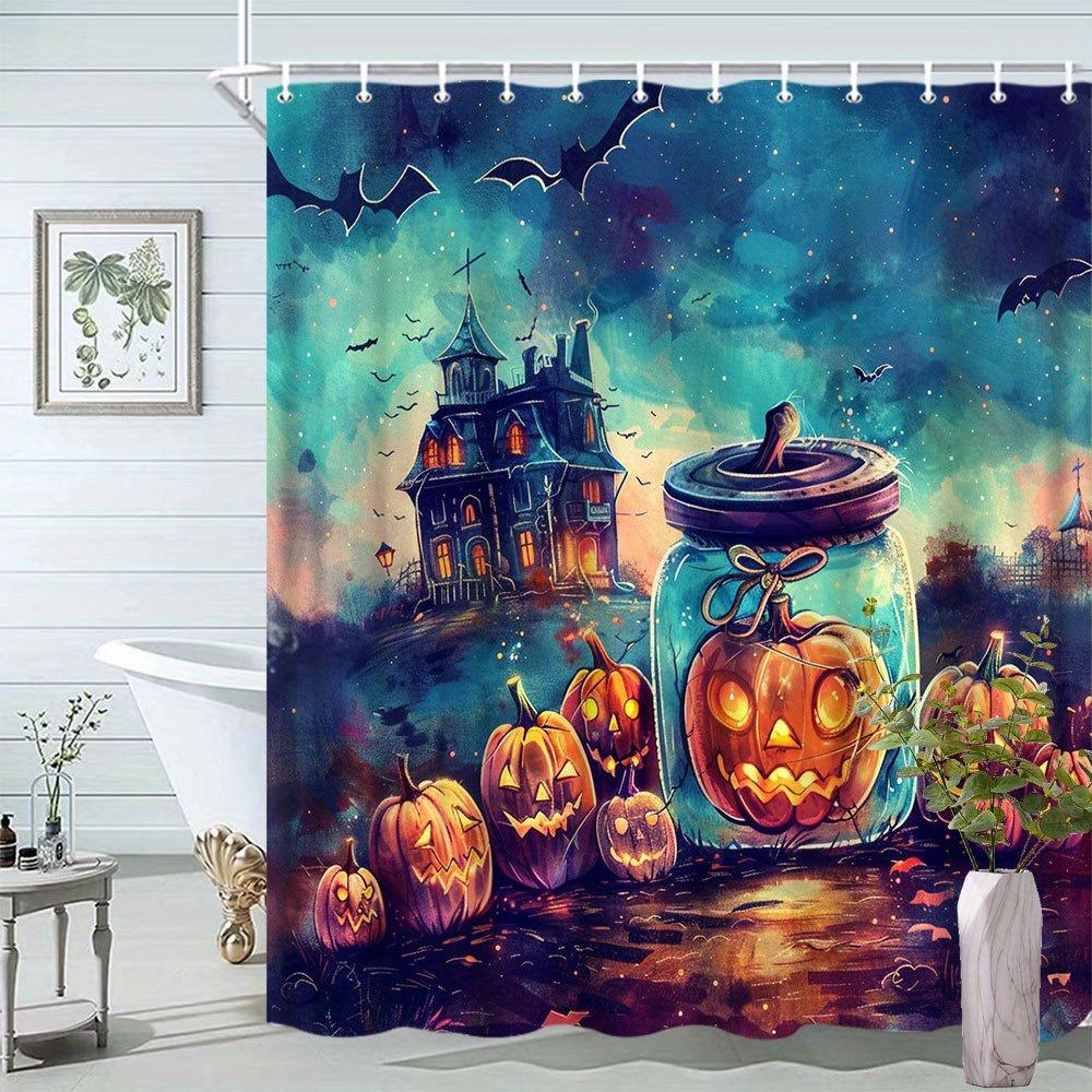 Halloween-Duschvorhang, Kürbislaterne & Geisterhaus, Nachtszene, Fantasy-Thema, Polyester, 12 Haken