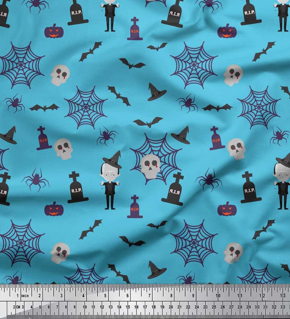

Японська креп-атласна тканина Soimoi Летюча миша, череп і відьма Хеллоуїн з принтом на метри 42 дюйма 42 Inch Wide - Poly Crepe синій