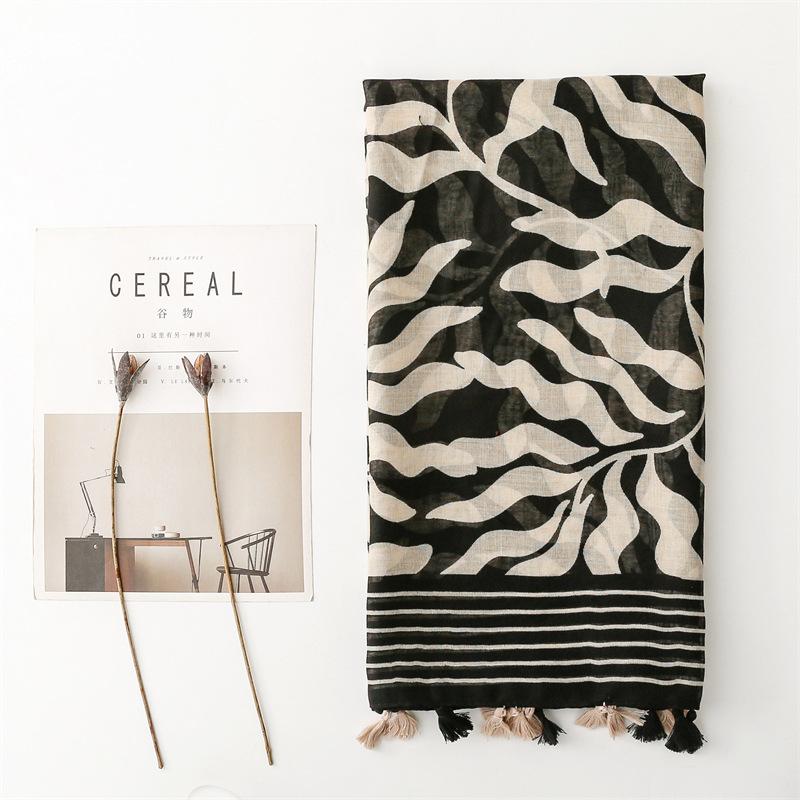Luxury Women Leaf Scarf Summer Beach Shawl Cotton Linen Feeling Tassel Pashmina Muslim Hijab Wrap Lady Viscose Scarf