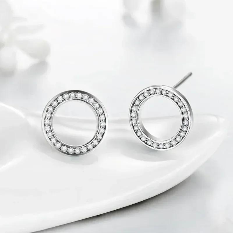 New Temperament Sweet Circle Stud Earrings for Girls Full Paved Shiny CZ Stone Delicate Women's Gift Trendy Zircon