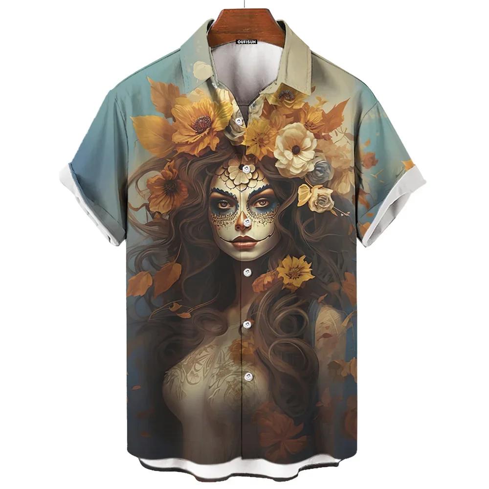 Men's Shirts Skull Face 3d Print Short Sleeve Day of The Dead Shirt Skull Retro Loose Oversized Man Clothing Festival Clothing
