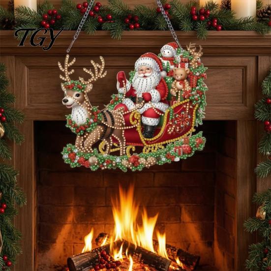 Sparkling Hanging Ornaments Christmas Faux Diamond Art Kit, Santa Snowman Ornament DIY Double Sided Acrylic Pendant with Rhinestones Craft Kit