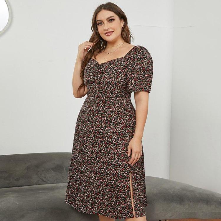 Plus Size Women Summer Floral Long Dress French Square Neck Waist Slit XL To 5XL