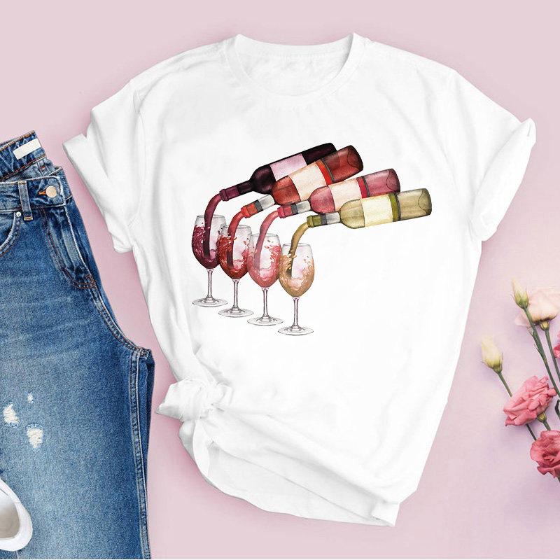 Rotweinglas Muster Reine Baumwolle Bedruckt Unisex und Damen Mode Trend T-Shirt Neu Personalisiert Rundhals Lässiges T-Shirt