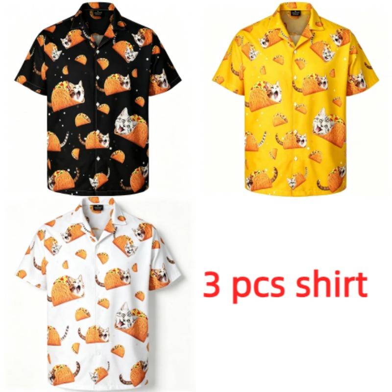 Summer Fashion Beer Hamburger Cat Printing Shirt Hawaiian Beach Vacation Clothing Men's Street Style Shirt Daily Men's and Women's Shirt