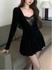 Plus Size French Lace Black Dress - Women's Autumn/Winter Short, Waist-Cinching Skirt