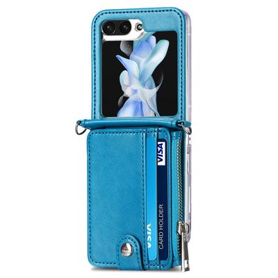 For Samsung Galaxy Z Flip7 FE 5G/Z Flip6 5G Case Zipper Card Holder Leather Phone Cover with Long Strap