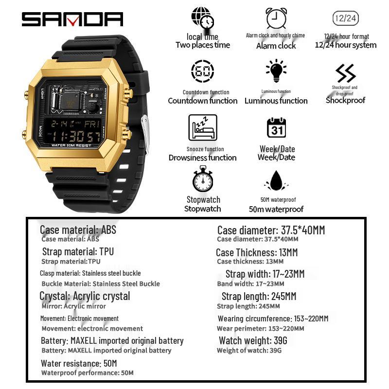 Sanda Luminous Waterproof Teen Alarm Watch - Square Electronic Sports Countdown Timer