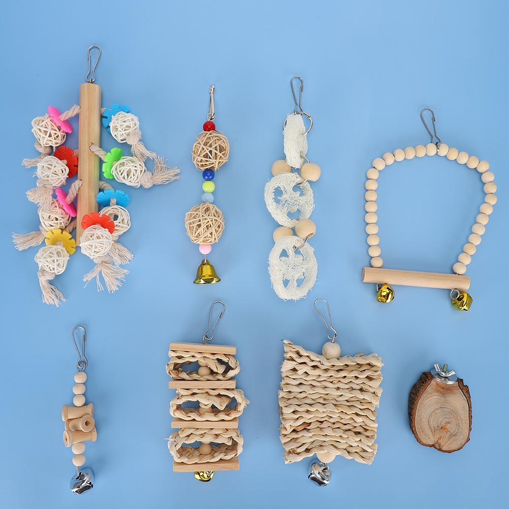 8PCS Straw Plaiting Wood Block Colourful Beads Loofah Sponge Swing Biting Chewing Playing Bird Parrots Toy