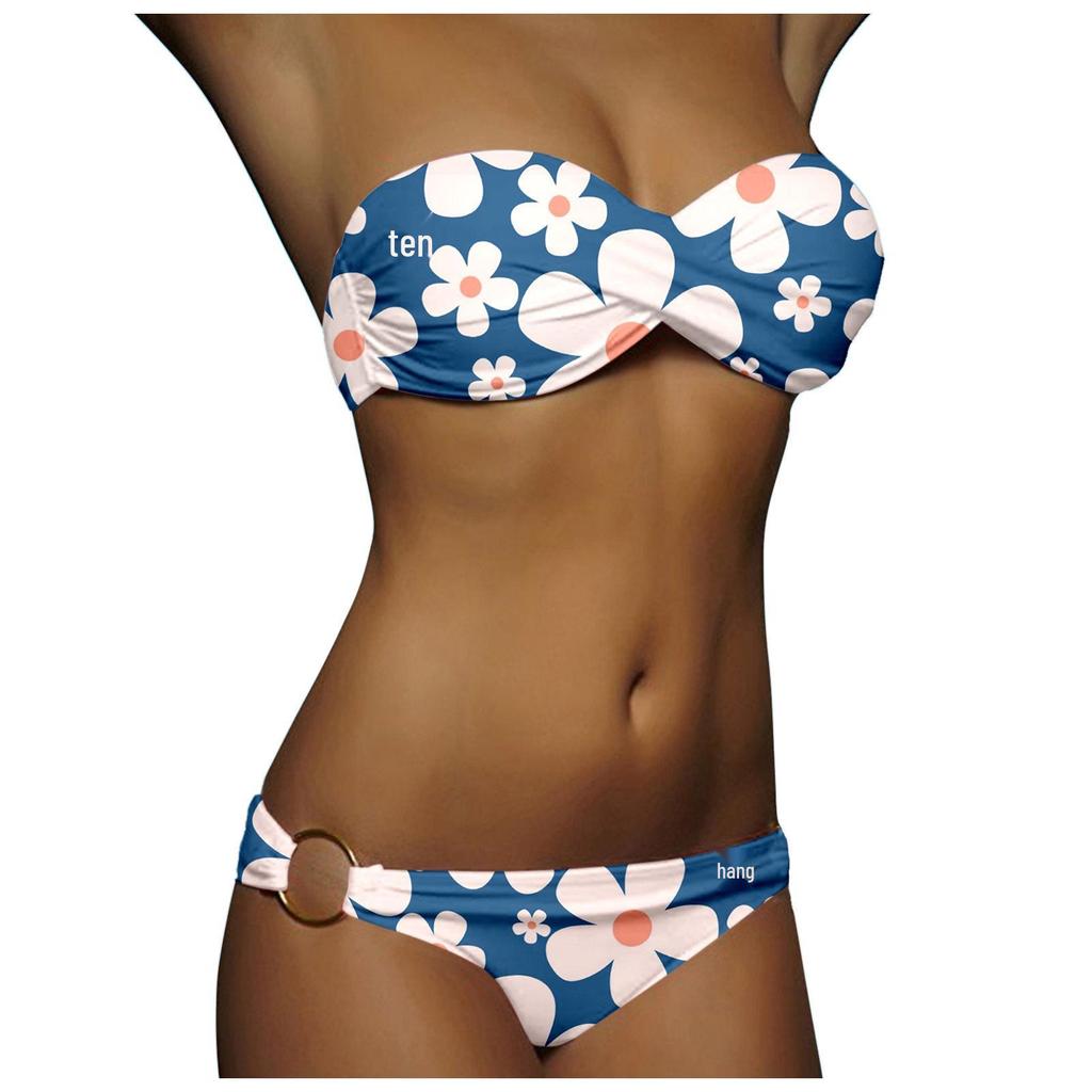 2024 European and American Women's Sexy Split Swimsuit with Hard Cup and Double Ring Bikini