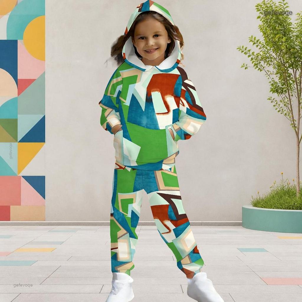 Girls Colorful Geometric Printed Hooded Long Sleeve Two Piece Pants Set Kangaroo Pocket Cuffed Pants