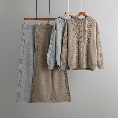 Ensemble deux pièces pour femmes, col à capuche, tricot de couleur unie, pantalon à jambes larges, automne