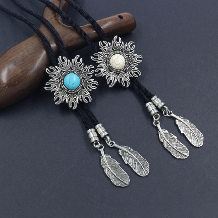 Unisex Western Cowboy Bolo Tie Vintage Sun Turquoises Stone Pendant Jewelry Braided Rope Necktie Metal Feather Necklace