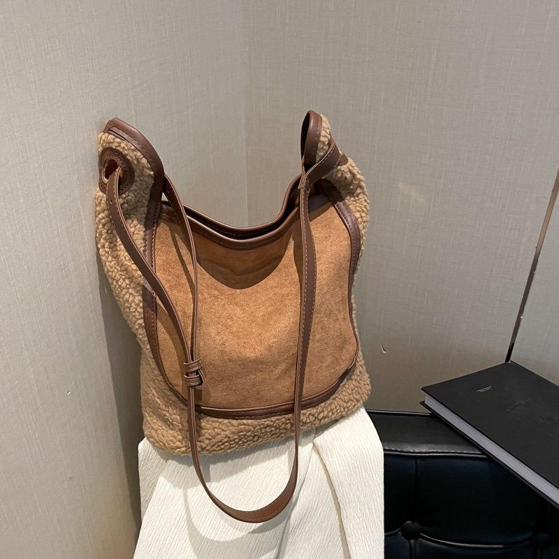 Women Large Capacity Lamb Wool Furry Bucket Shoulder Crossbody Daily Tote Bag