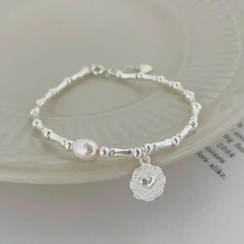 Vintage 925 Silver Bamboo Pearl Bracelet for Women Korean Style Round Bead Heart-shaped Bracelets Jewelry Birthday Gift
