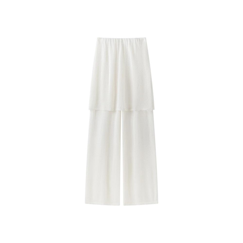 Longmei Women's Knit Wide-Leg Fake Two-Piece Elastic Waist Pants - Spring/Summer 2026 Minimalist Style Straight-Leg Trousers
