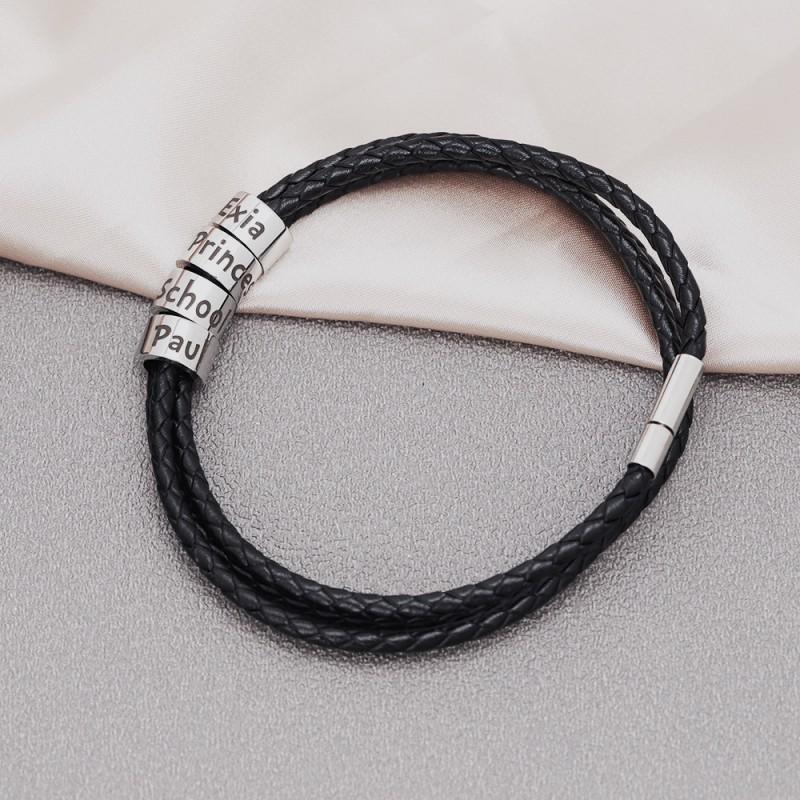 Mens Black Leather Cord Bracelet With Custom Engraved Letters Stainless Steel Beads Adjustable Woven Design Fathers Day Gift