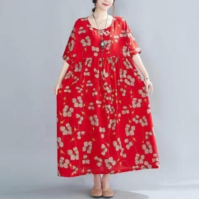 Summer New Literary Age Reduction Large Size Loose and Thin Printed Short-sleeved Long Dress with Pockets Over the Knee Skirt