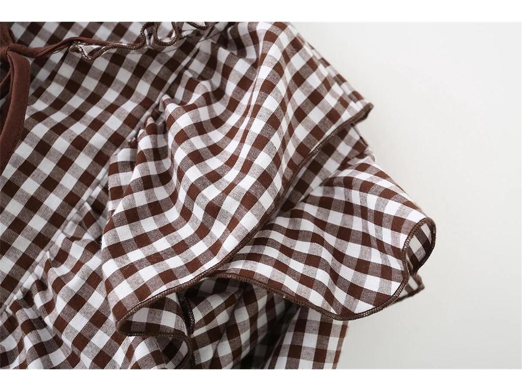 Plaid Women's Winter Casual Fashion Round Neck Long Sleeve Top with Ruffle Layers